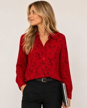LR3608  Dressbarn Red Black Floral Blouse  Large Career Office Button Front
